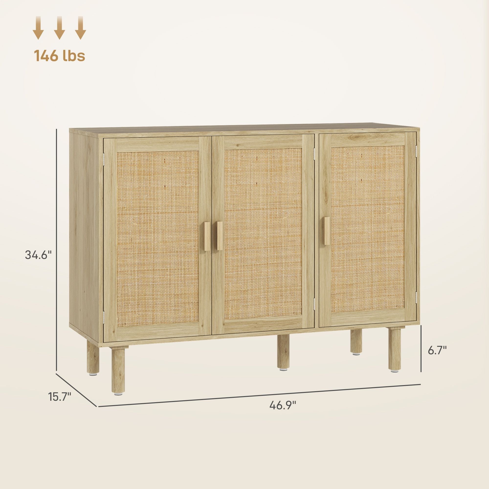 HOMCOM Bohemian Sideboard, 46.9" Buffet Cabinet with 3 Rattan Doors and Shelves for Living Room, Hallway, Natural - Comfortable Living Decor