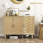 HOMCOM Bohemian Sideboard, 46.9" Buffet Cabinet with 3 Rattan Doors and Shelves for Living Room, Hallway, Natural - Comfortable Living Decor