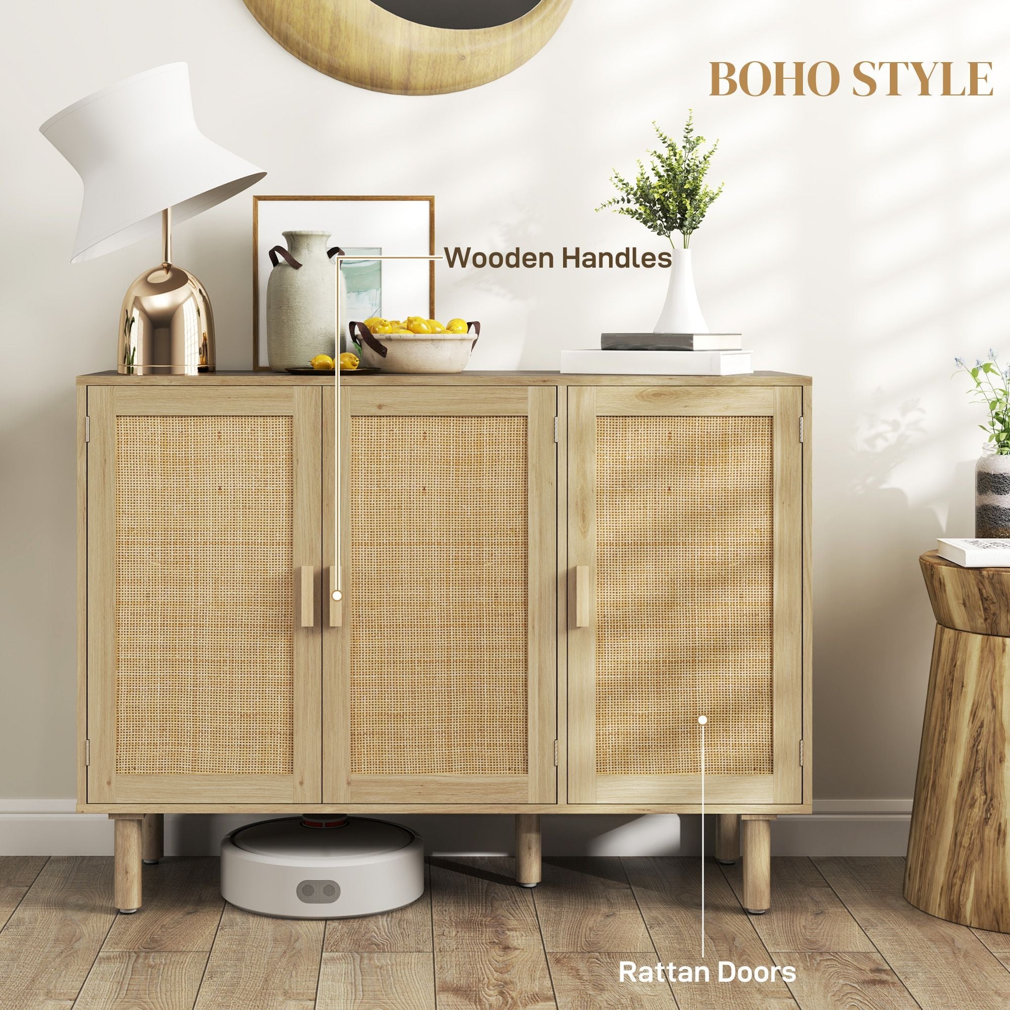 HOMCOM Bohemian Sideboard, 46.9" Buffet Cabinet with 3 Rattan Doors and Shelves for Living Room, Hallway, Natural - Comfortable Living Decor