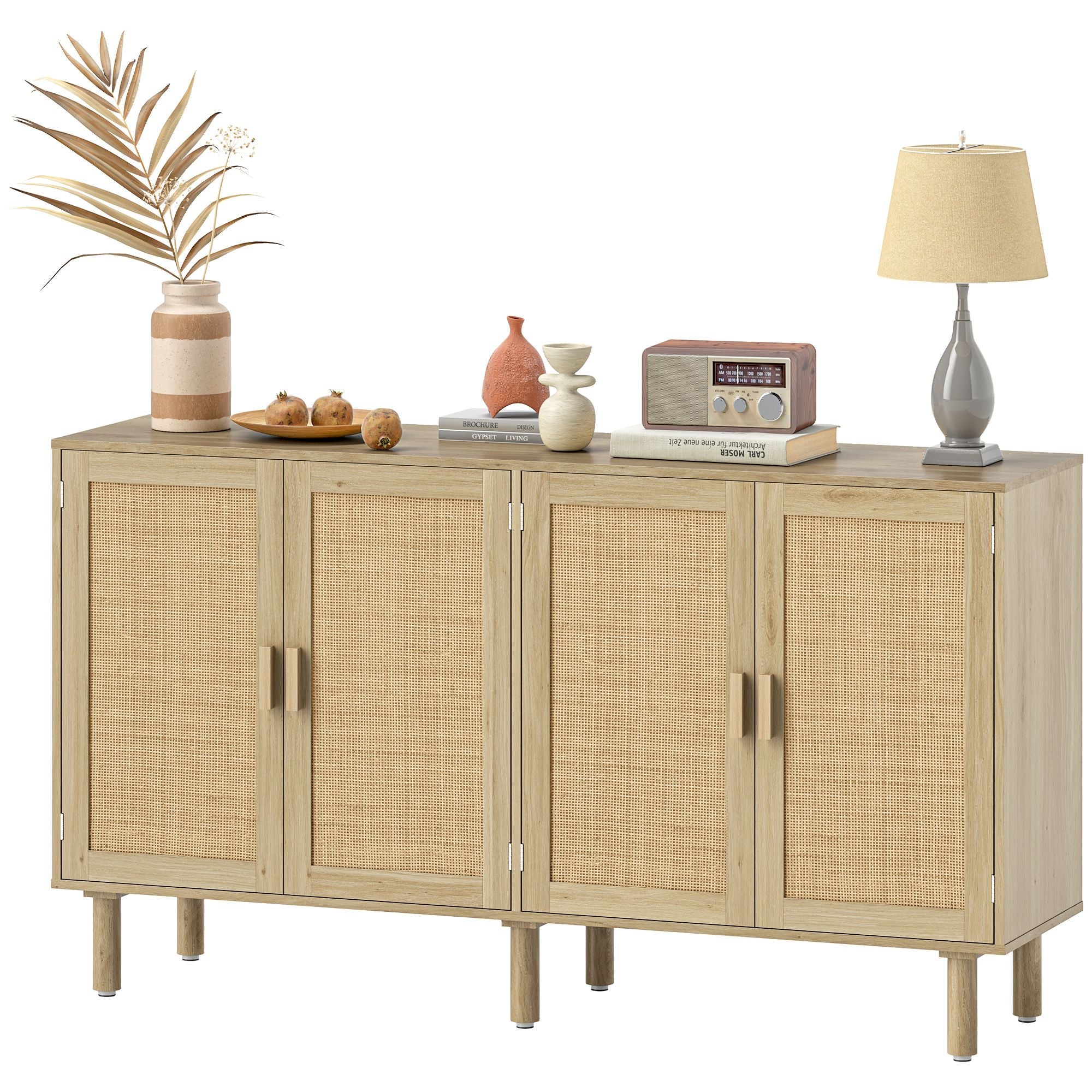 HOMCOM Bohemian Sideboard, 62.2" Buffet Cabinet with 4 Rattan Doors and Shelves for Living Room, Hallway, Natural - Comfortable Living Decor