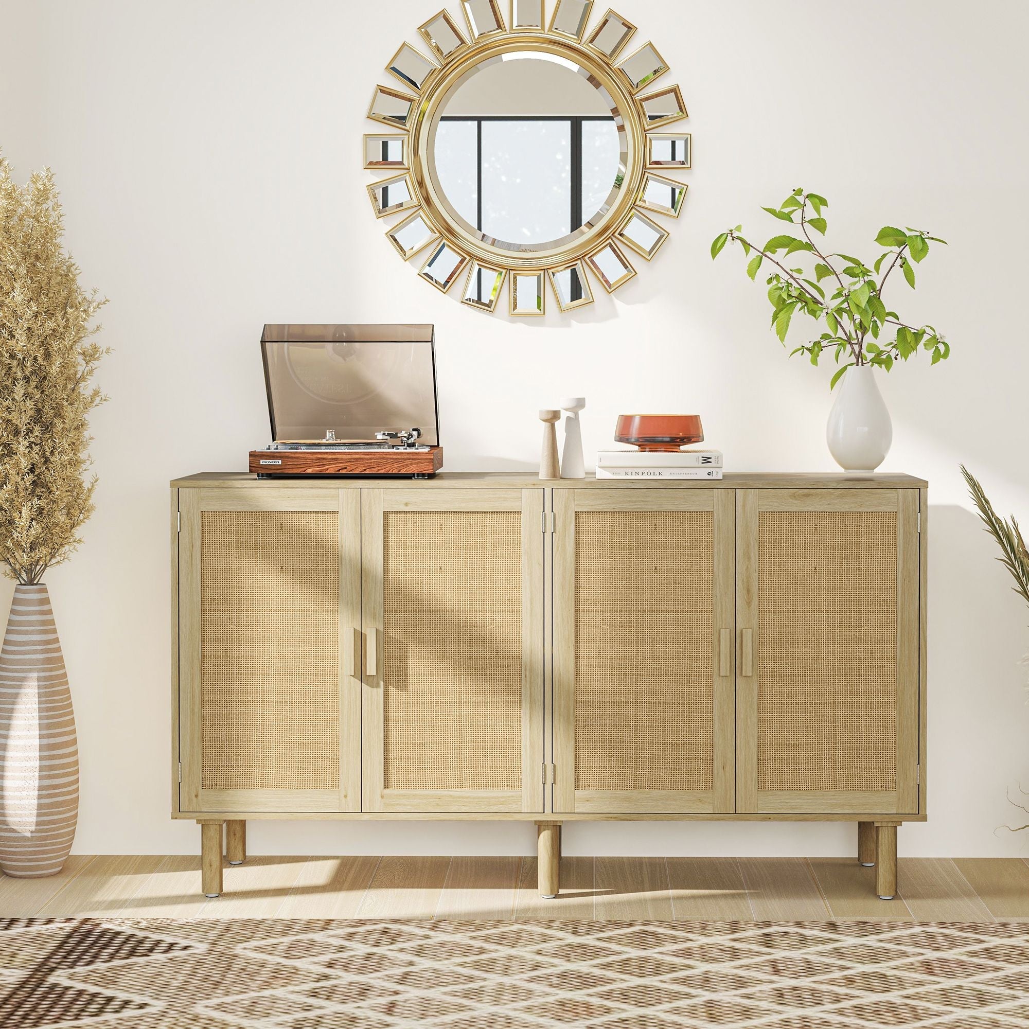 HOMCOM Bohemian Sideboard, 62.2" Buffet Cabinet with 4 Rattan Doors and Shelves for Living Room, Hallway, Natural - Comfortable Living Decor
