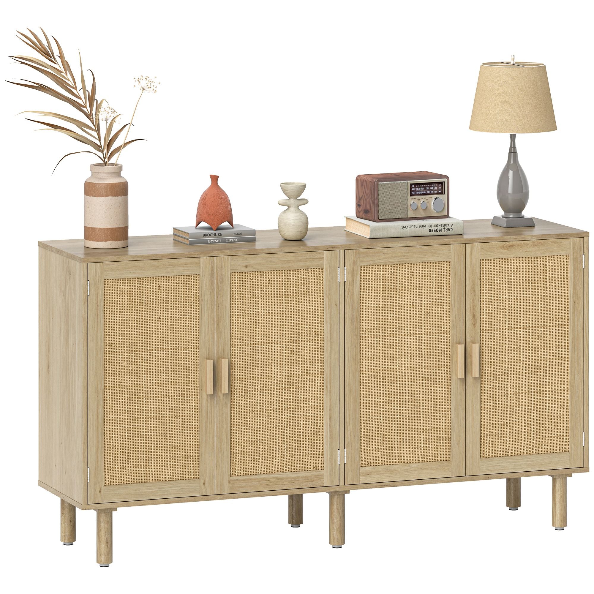 HOMCOM Bohemian Sideboard, 62.2" Buffet Cabinet with 4 Rattan Doors and Shelves for Living Room, Hallway, Natural - Comfortable Living Decor