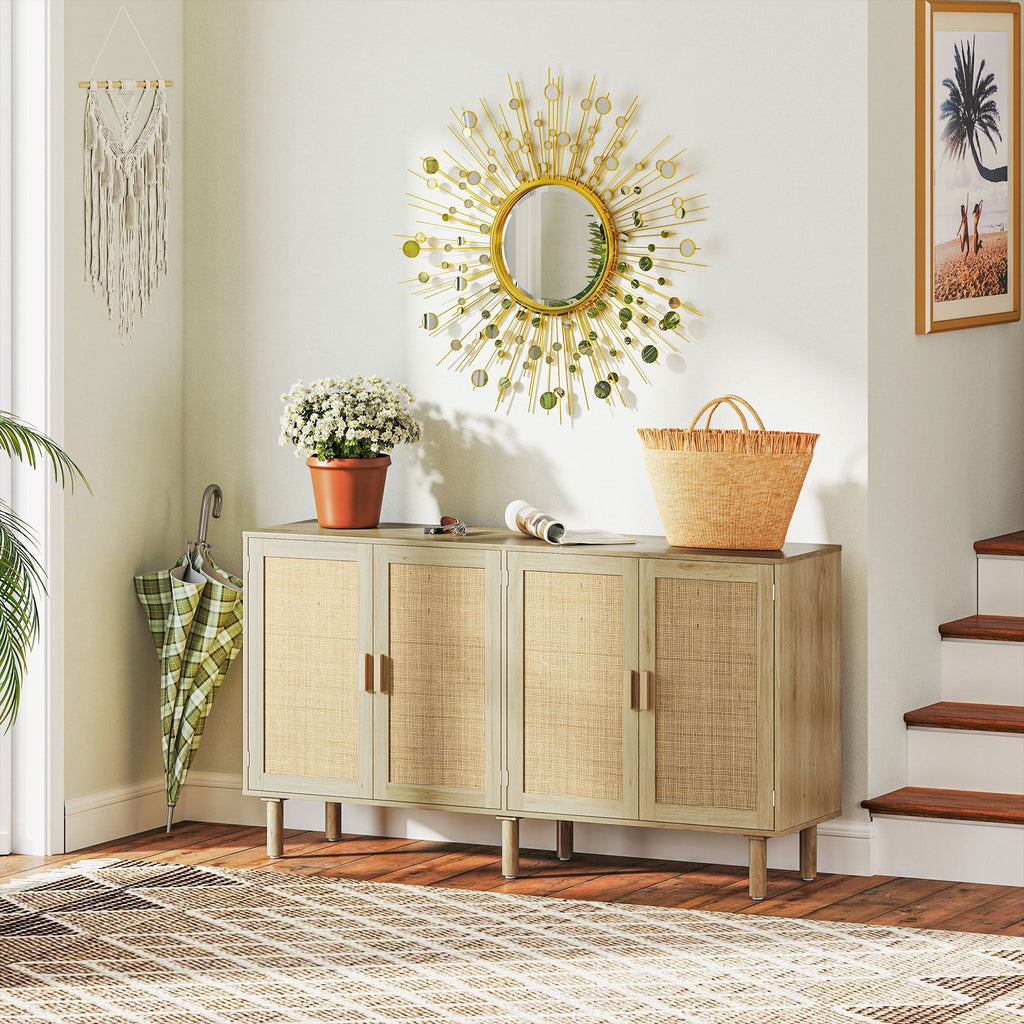 HOMCOM Bohemian Sideboard, 62.2" Buffet Cabinet with 4 Rattan Doors and Shelves for Living Room, Hallway, Natural - Comfortable Living Decor