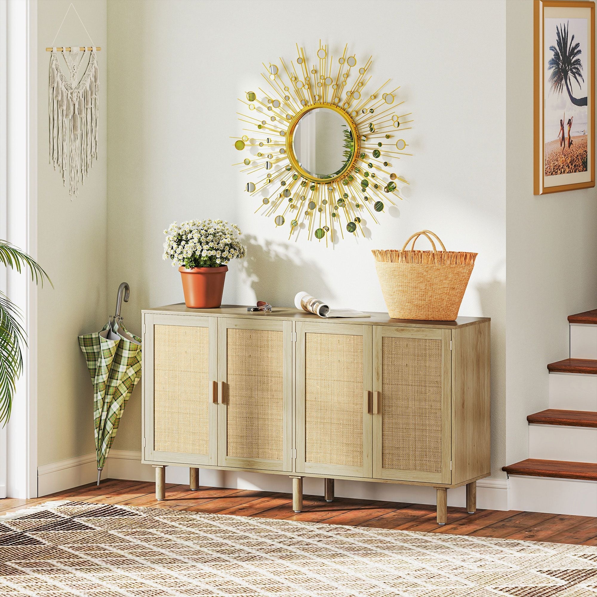 HOMCOM Bohemian Sideboard, 62.2" Buffet Cabinet with 4 Rattan Doors and Shelves for Living Room, Hallway, Natural - Comfortable Living Decor