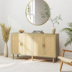 HOMCOM Bohemian Sideboard, 62.2" Buffet Cabinet with 4 Rattan Doors and Shelves for Living Room, Hallway, Natural - Comfortable Living Decor