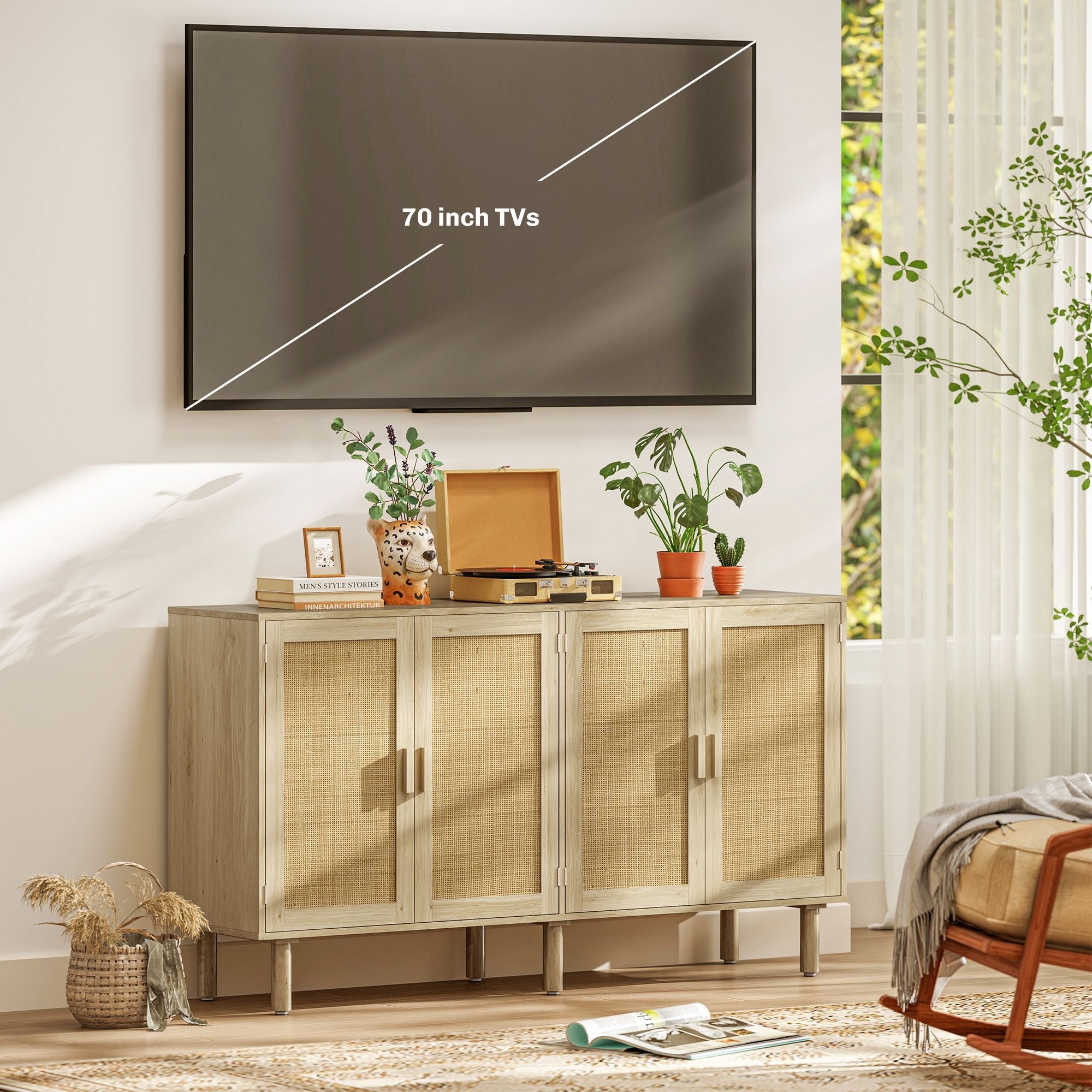 HOMCOM Bohemian Sideboard, 62.2" Buffet Cabinet with 4 Rattan Doors and Shelves for Living Room, Hallway, Natural - Comfortable Living Decor