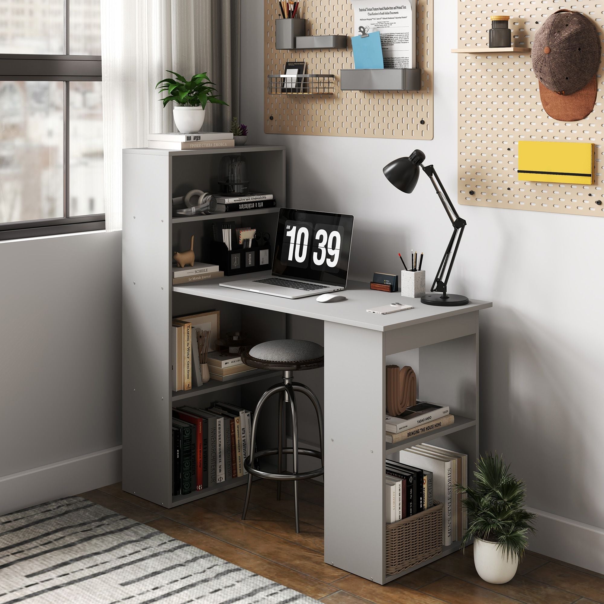 HOMCOM Compact Computer Desk with 6 - Tier Storage Shelves, Writing Table Workstation with Bookshelf for Home Office, Gray - Comfortable Living Decor