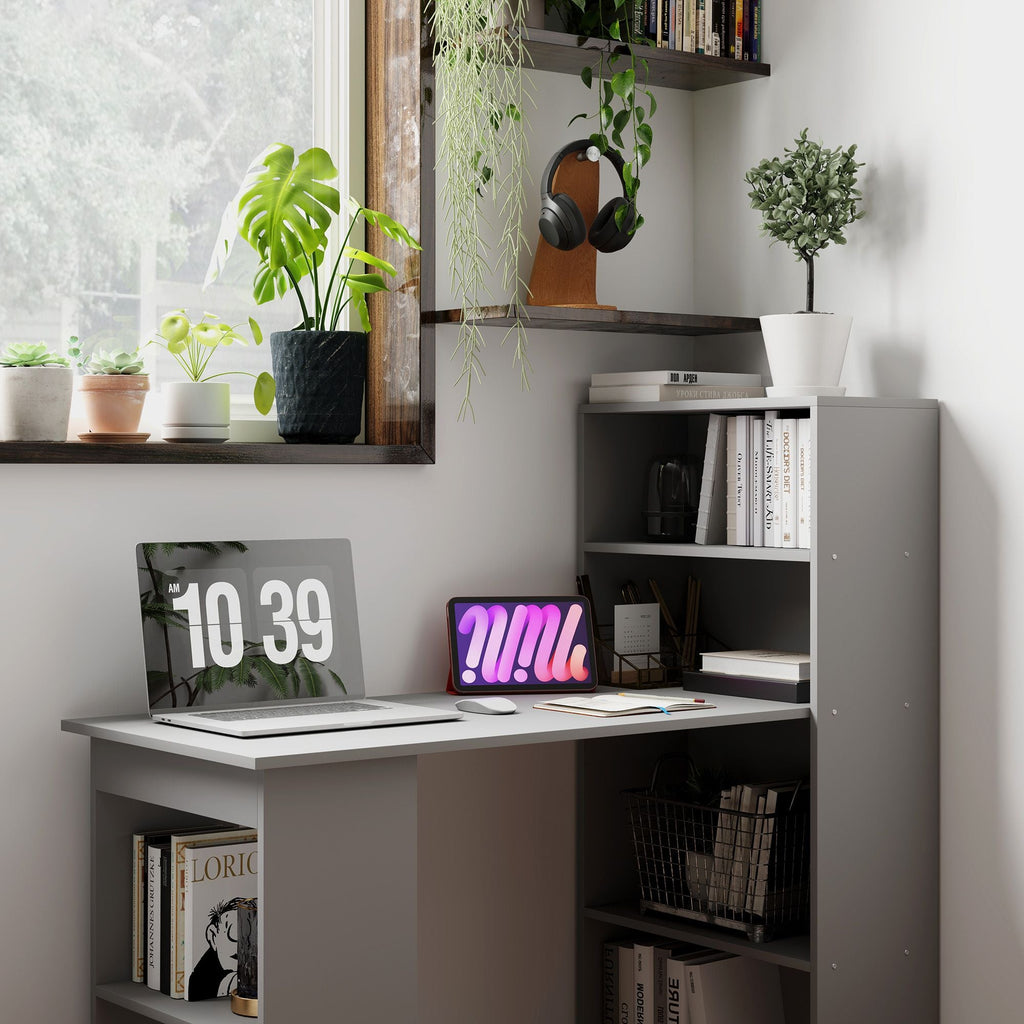 HOMCOM Compact Computer Desk with 6 - Tier Storage Shelves, Writing Table Workstation with Bookshelf for Home Office, Gray - Comfortable Living Decor