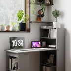 HOMCOM Compact Computer Desk with 6 - Tier Storage Shelves, Writing Table Workstation with Bookshelf for Home Office, Gray - Comfortable Living Decor
