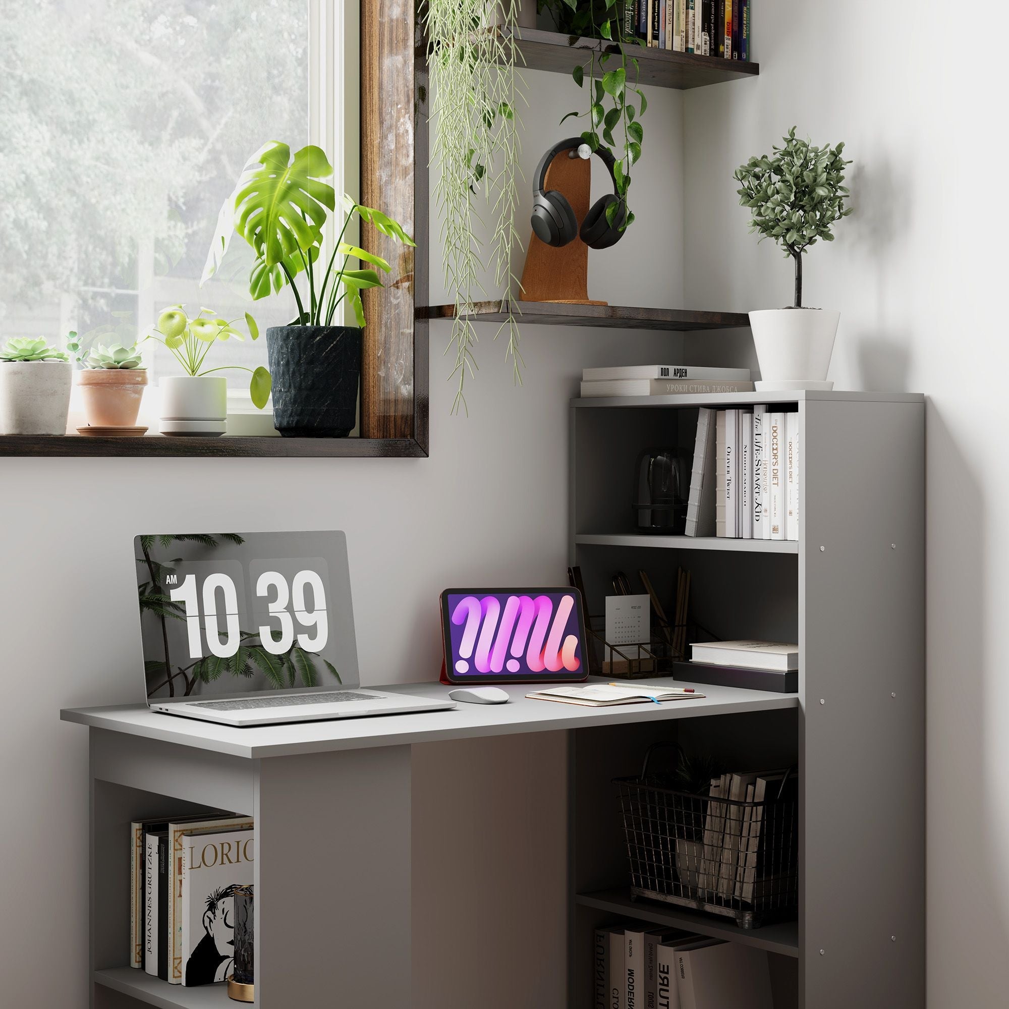 HOMCOM Compact Computer Desk with 6 - Tier Storage Shelves, Writing Table Workstation with Bookshelf for Home Office, Gray - Comfortable Living Decor