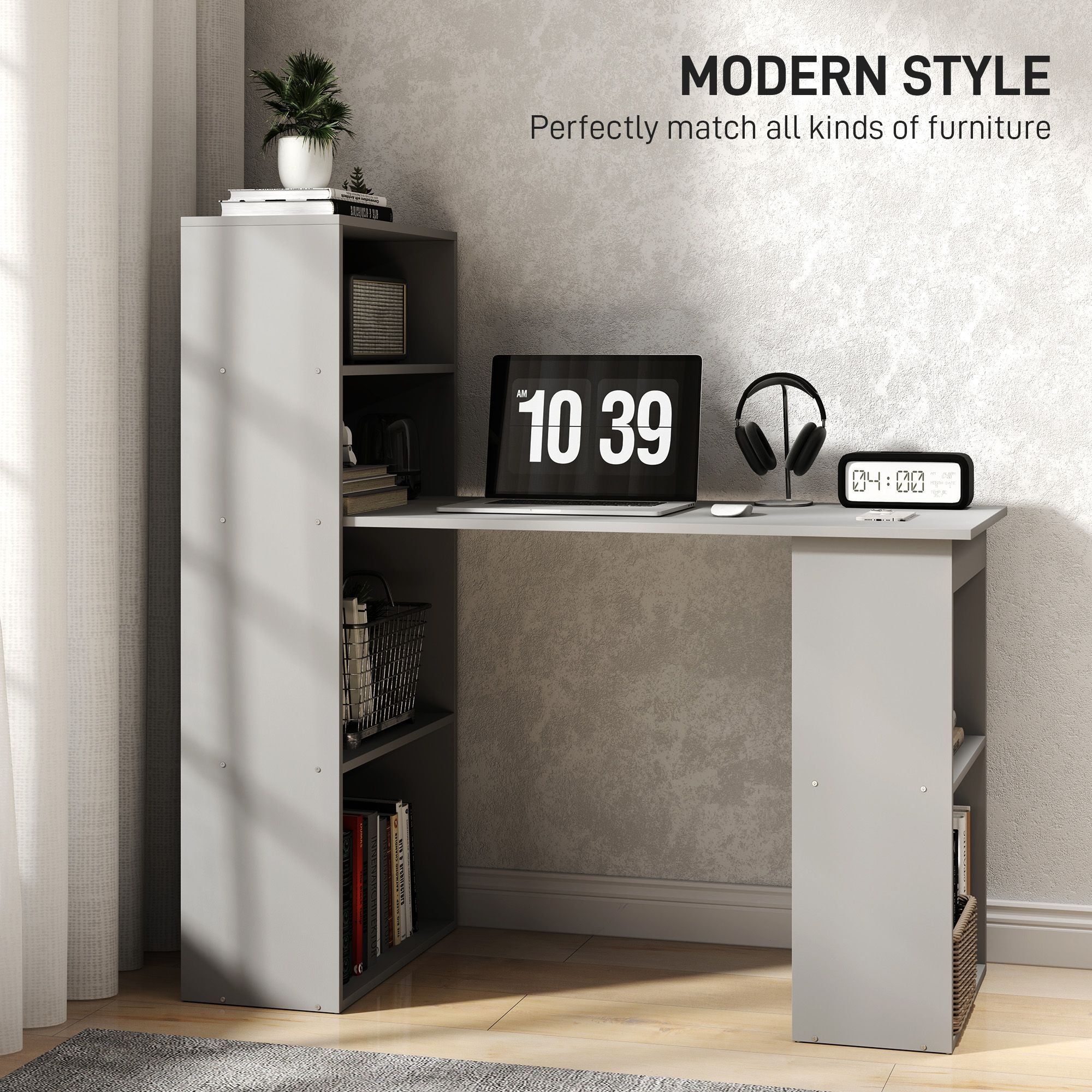 HOMCOM Compact Computer Desk with 6 - Tier Storage Shelves, Writing Table Workstation with Bookshelf for Home Office, Gray - Comfortable Living Decor