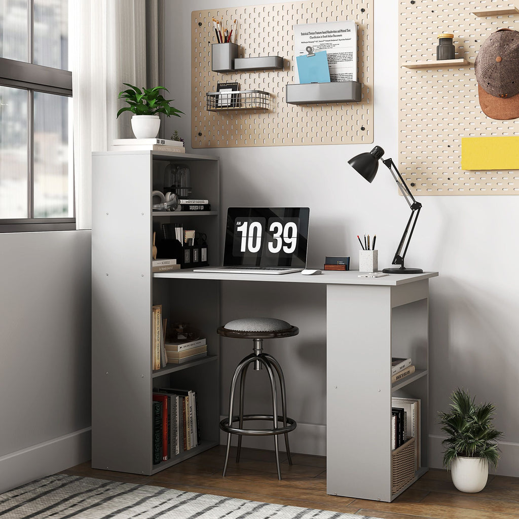 HOMCOM Compact Computer Desk with 6 - Tier Storage Shelves, Writing Table Workstation with Bookshelf for Home Office, Gray - Comfortable Living Decor