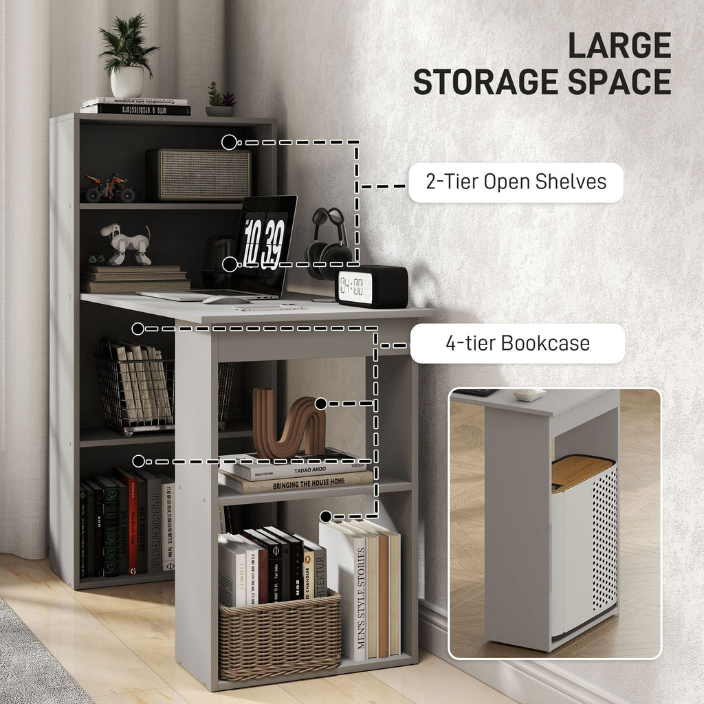 HOMCOM Compact Computer Desk with 6 - Tier Storage Shelves, Writing Table Workstation with Bookshelf for Home Office, Gray - Comfortable Living Decor