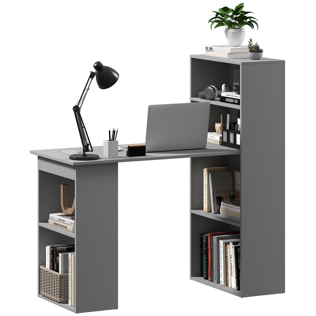 HOMCOM Compact Computer Desk with 6 - Tier Storage Shelves, Writing Table Workstation with Bookshelf for Home Office, Gray - Comfortable Living Decor
