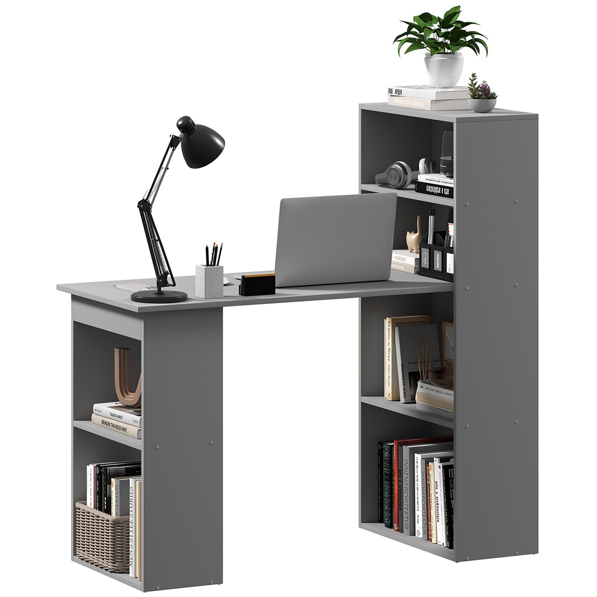HOMCOM Compact Computer Desk with 6 - Tier Storage Shelves, Writing Table Workstation with Bookshelf for Home Office, Gray - Comfortable Living Decor