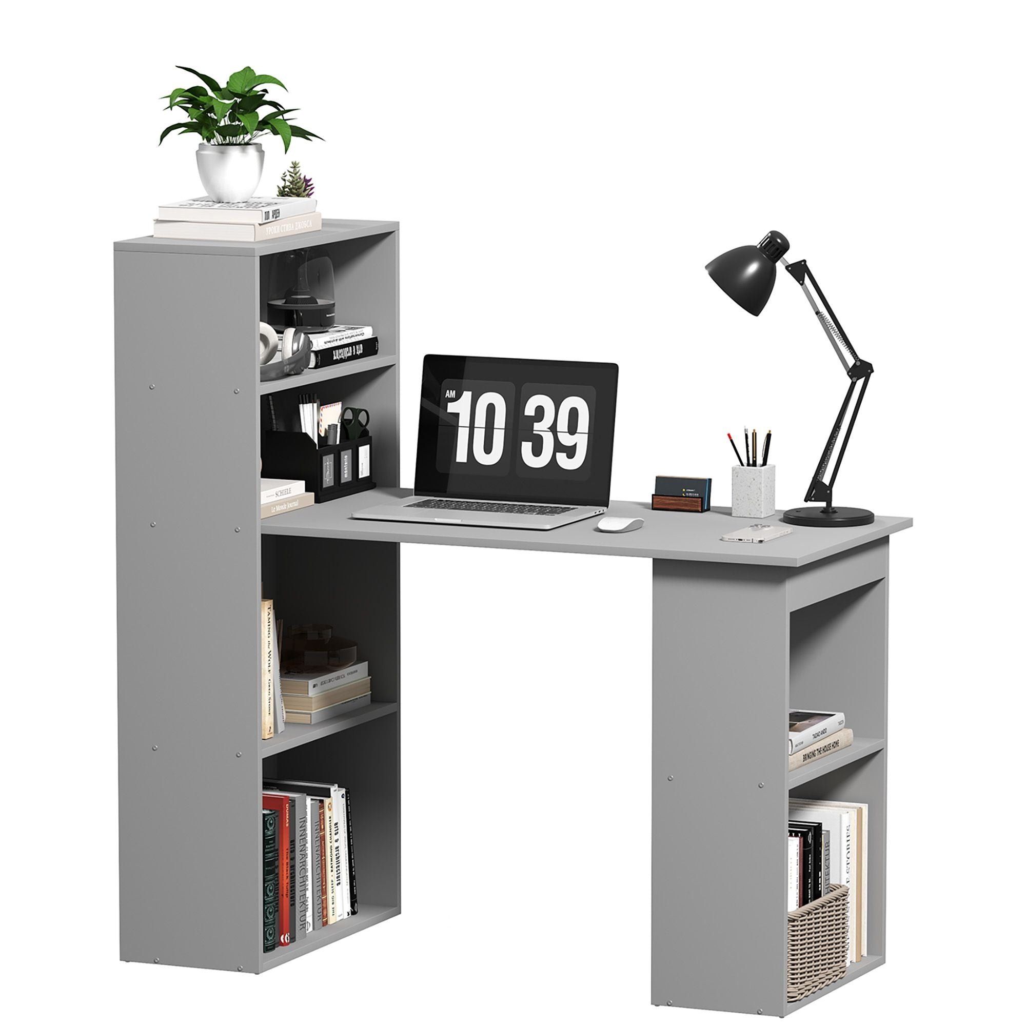 HOMCOM Compact Computer Desk with 6 - Tier Storage Shelves, Writing Table Workstation with Bookshelf for Home Office, Gray - Comfortable Living Decor