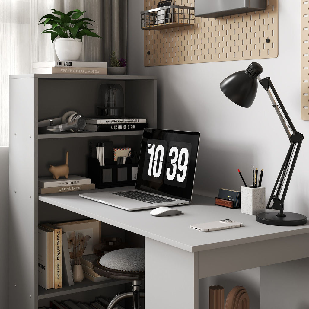 HOMCOM Compact Computer Desk with 6 - Tier Storage Shelves, Writing Table Workstation with Bookshelf for Home Office, Gray - Comfortable Living Decor