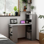 HOMCOM Compact Computer Desk with 6 - Tier Storage Shelves, Writing Table Workstation with Bookshelf for Home Office, Gray - Comfortable Living Decor