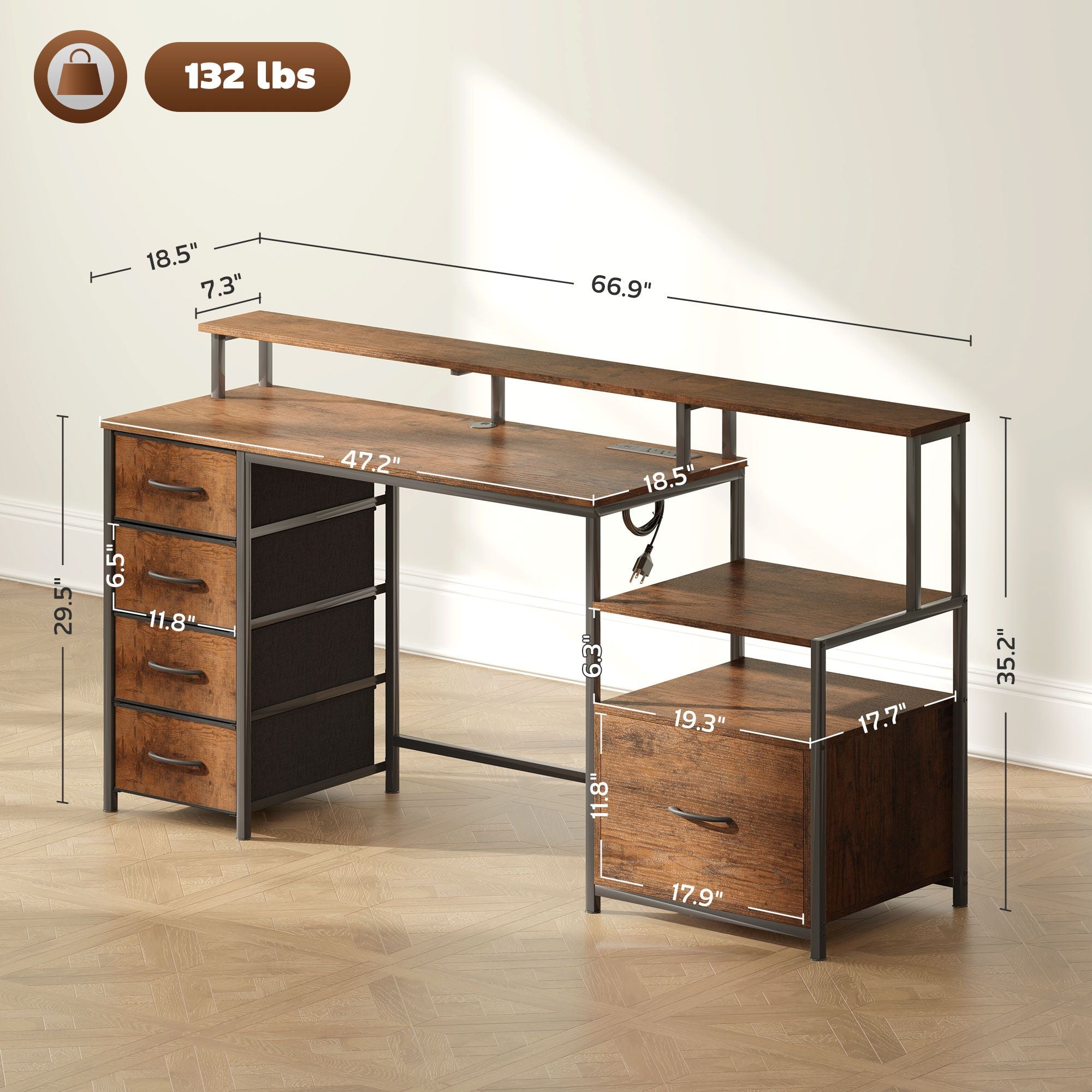 HOMCOM Computer Desk with Power Outlets and LED Lights, 67" Computer Table with File Cabinet and Fabric Drawers, Rustic Brown - Comfortable Living Decor