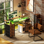 HOMCOM Computer Desk with Power Outlets and LED Lights, 67" Computer Table with File Cabinet and Fabric Drawers, Rustic Brown - Comfortable Living Decor