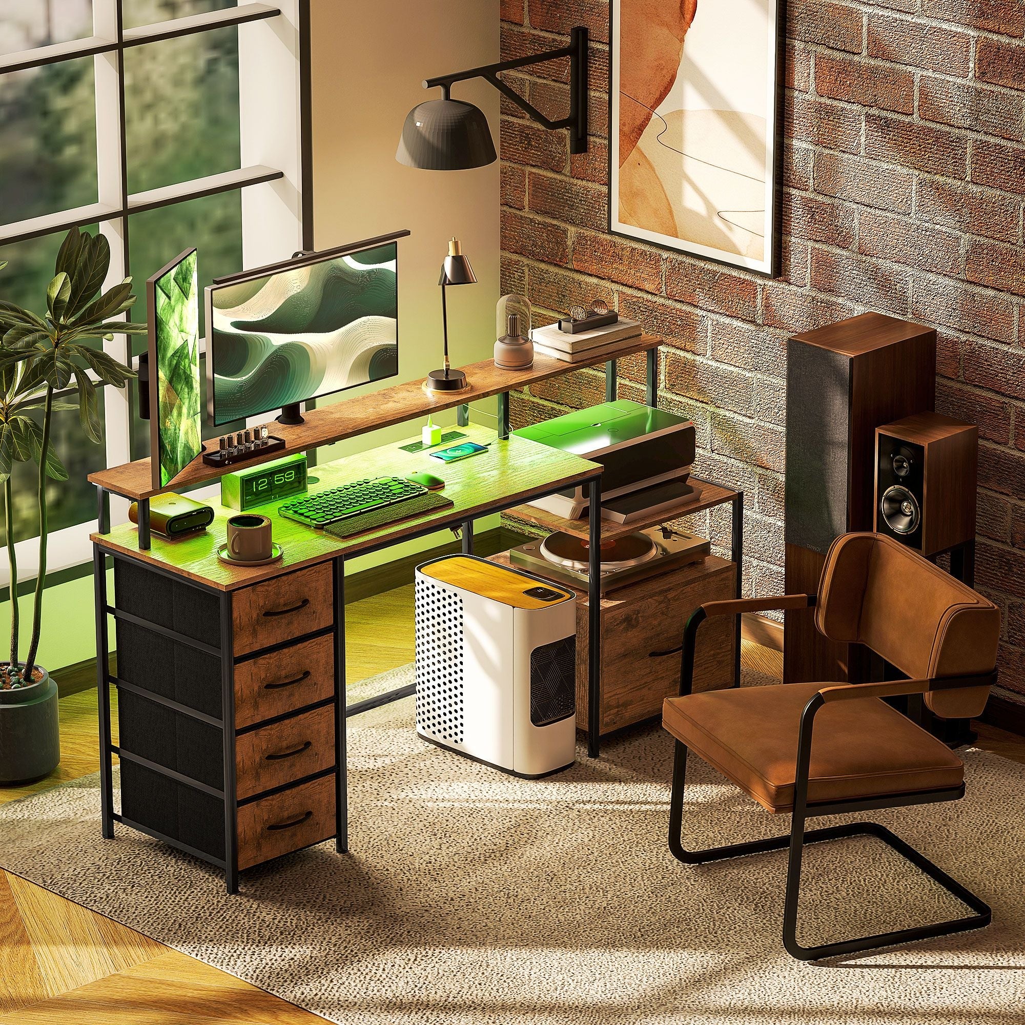 HOMCOM Computer Desk with Power Outlets and LED Lights, 67" Computer Table with File Cabinet and Fabric Drawers, Rustic Brown - Comfortable Living Decor