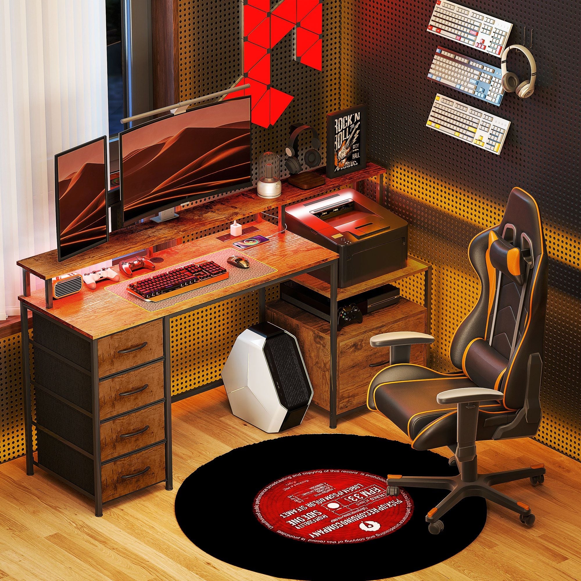 HOMCOM Computer Desk with Power Outlets and LED Lights, 67" Computer Table with File Cabinet and Fabric Drawers, Rustic Brown - Comfortable Living Decor