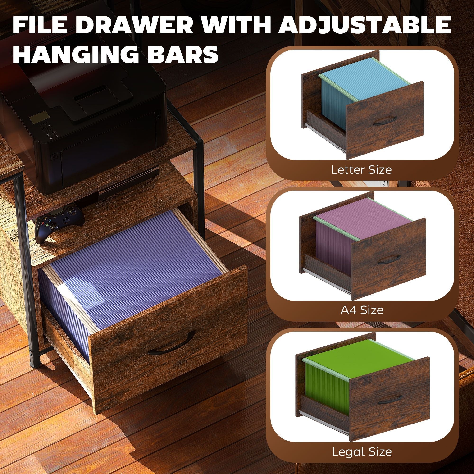 HOMCOM Computer Desk with Power Outlets and LED Lights, 67" Computer Table with File Cabinet and Fabric Drawers, Rustic Brown - Comfortable Living Decor