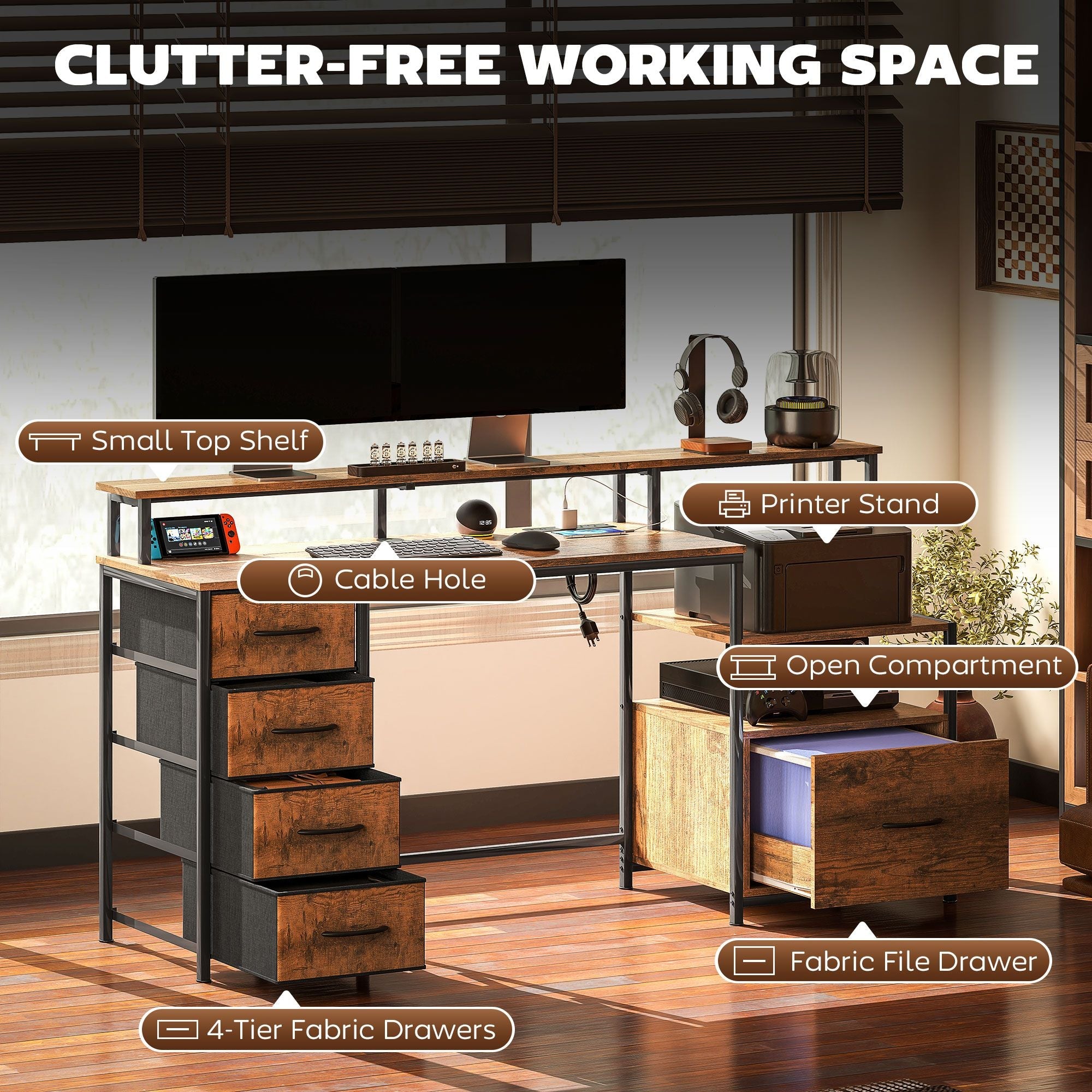 HOMCOM Computer Desk with Power Outlets and LED Lights, 67" Computer Table with File Cabinet and Fabric Drawers, Rustic Brown - Comfortable Living Decor
