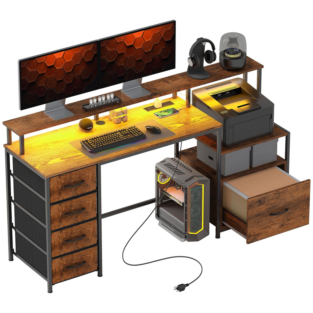HOMCOM Computer Desk with Power Outlets and LED Lights, 67" Computer Table with File Cabinet and Fabric Drawers, Rustic Brown - Comfortable Living Decor