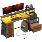 HOMCOM Computer Desk with Power Outlets and LED Lights, 67" Computer Table with File Cabinet and Fabric Drawers, Rustic Brown - Comfortable Living Decor