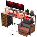 HOMCOM Computer Desk with Power Outlets and LED Lights, 67" Computer Table with File Cabinet and Fabric Drawers, Rustic Brown - Comfortable Living Decor