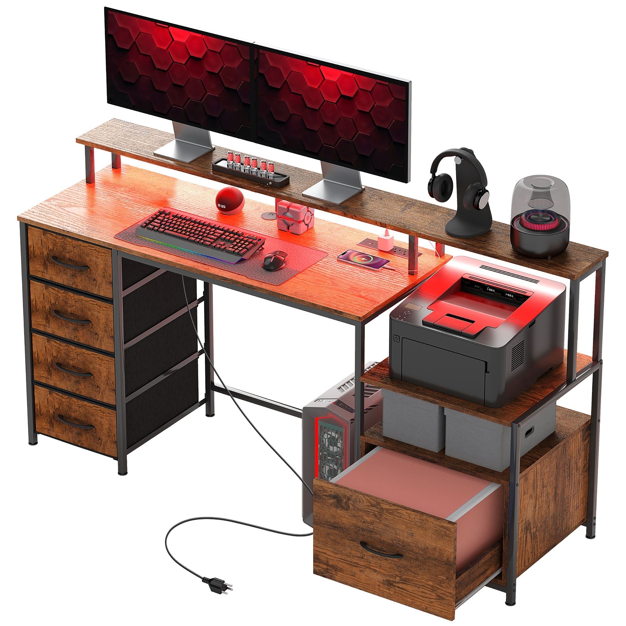 HOMCOM Computer Desk with Power Outlets and LED Lights, 67" Computer Table with File Cabinet and Fabric Drawers, Rustic Brown - Comfortable Living Decor