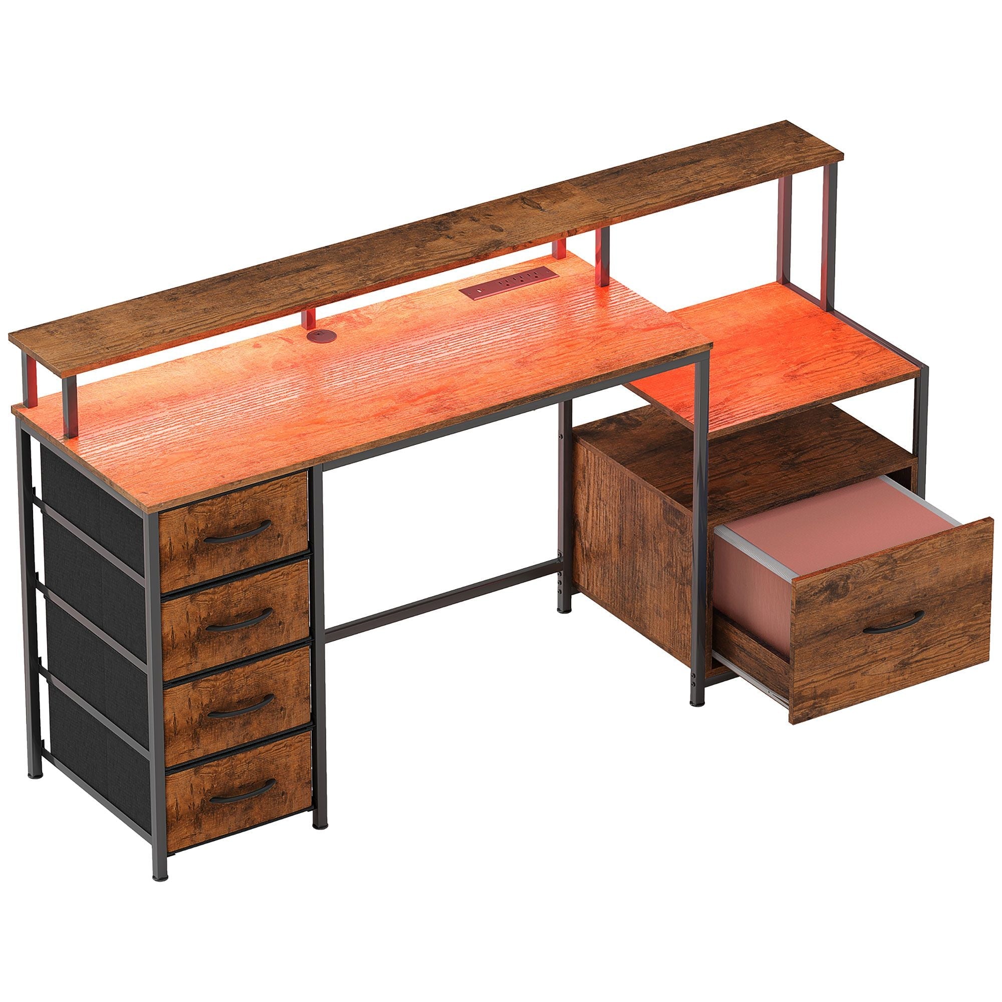 HOMCOM Computer Desk with Power Outlets and LED Lights, 67" Computer Table with File Cabinet and Fabric Drawers, Rustic Brown - Comfortable Living Decor