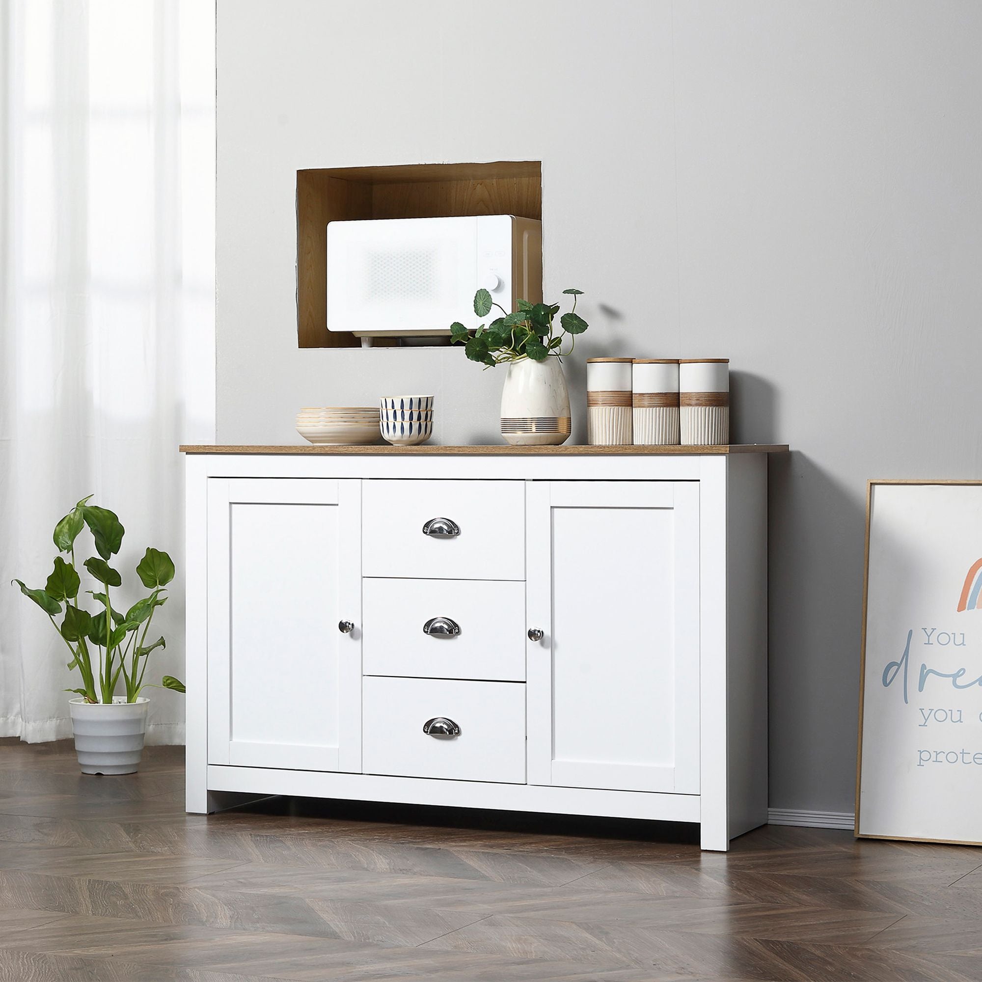 HOMCOM Dining Buffet Sideboard Cabinet in White with Drawers Adjustable Shelves for Kitchen Storage - Comfortable Living Decor