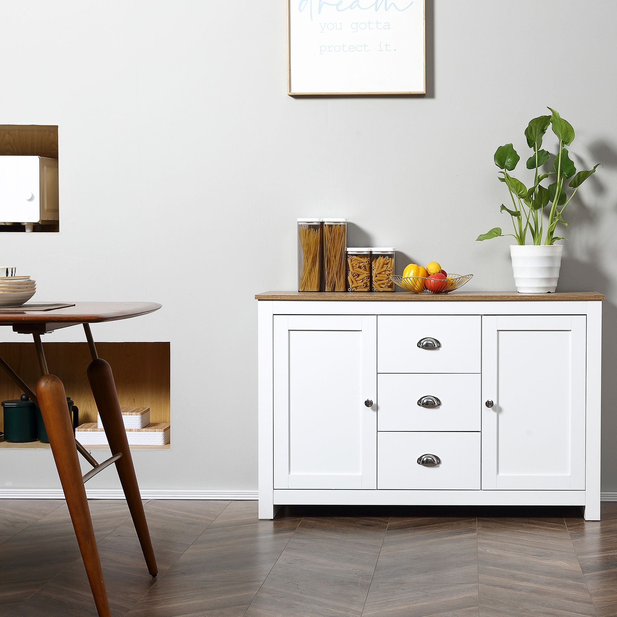 HOMCOM Dining Buffet Sideboard Cabinet in White with Drawers Adjustable Shelves for Kitchen Storage - Comfortable Living Decor