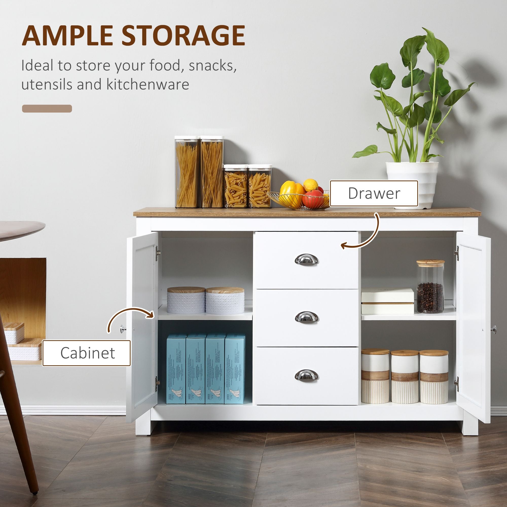 HOMCOM Dining Buffet Sideboard Cabinet in White with Drawers Adjustable Shelves for Kitchen Storage - Comfortable Living Decor