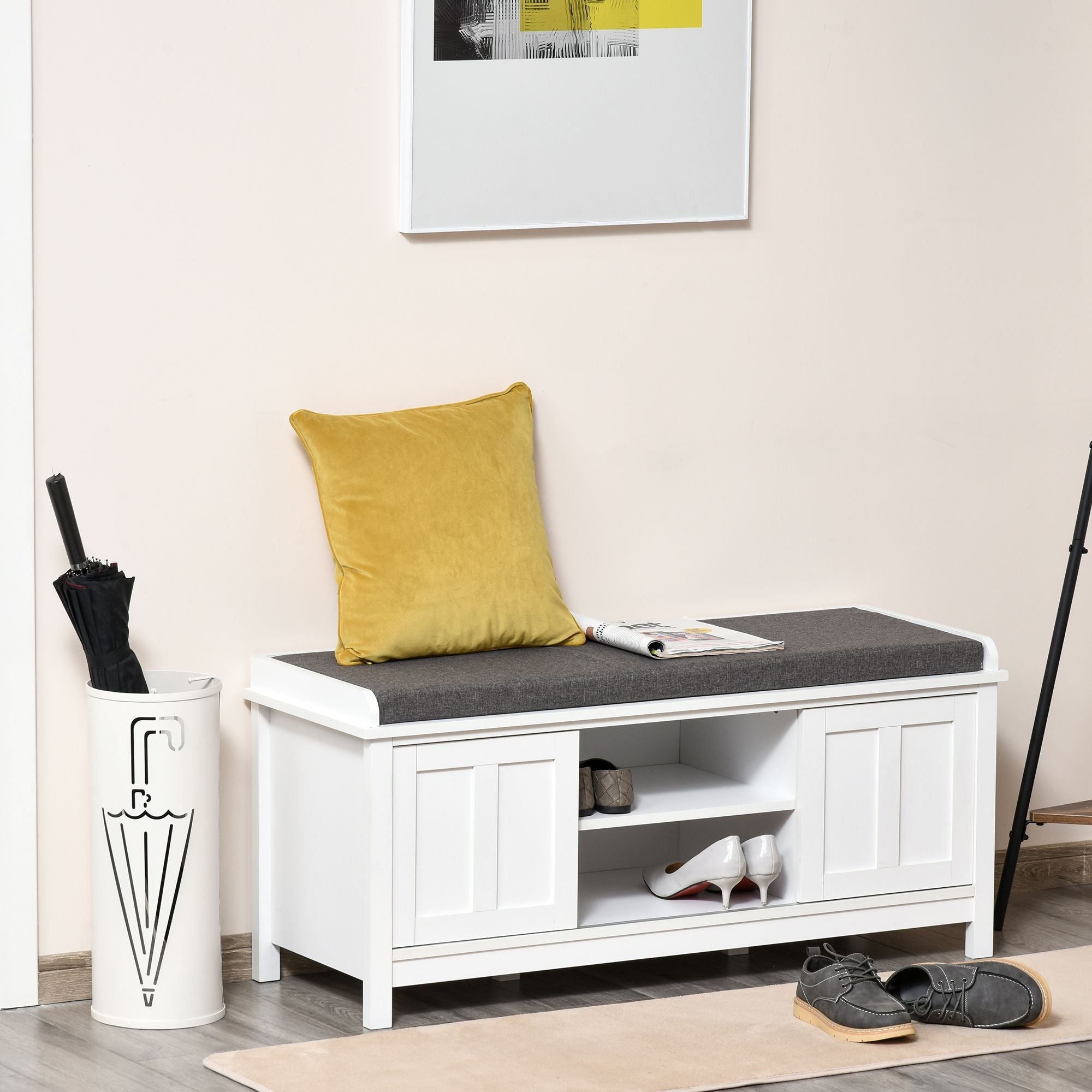 HOMCOM Entryway Shoe Storage Bench Ottoman Adjustable Shelf Padded Cushion Sliding Barn Door White for Hallway Living Room - Comfortable Living Decor