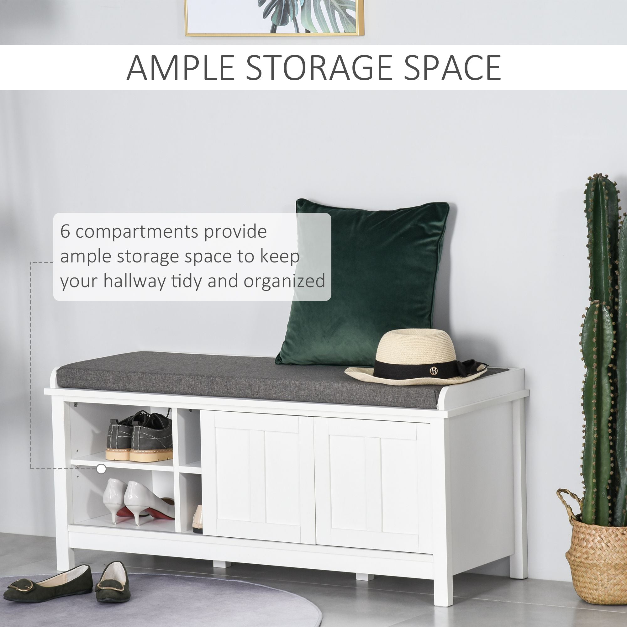 HOMCOM Entryway Shoe Storage Bench Ottoman Adjustable Shelf Padded Cushion Sliding Barn Door White for Hallway Living Room - Comfortable Living Decor