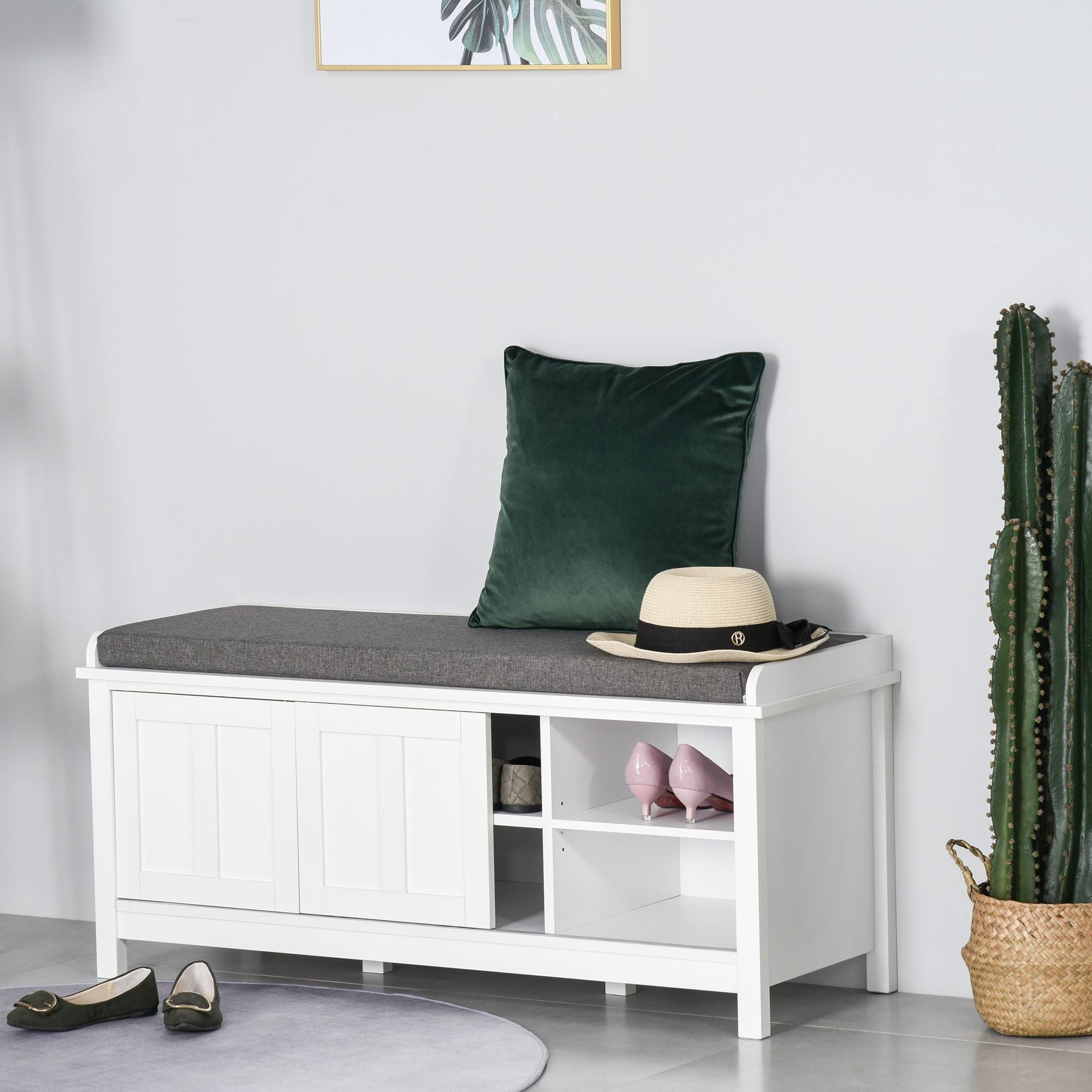 HOMCOM Entryway Shoe Storage Bench Ottoman Adjustable Shelf Padded Cushion Sliding Barn Door White for Hallway Living Room - Comfortable Living Decor