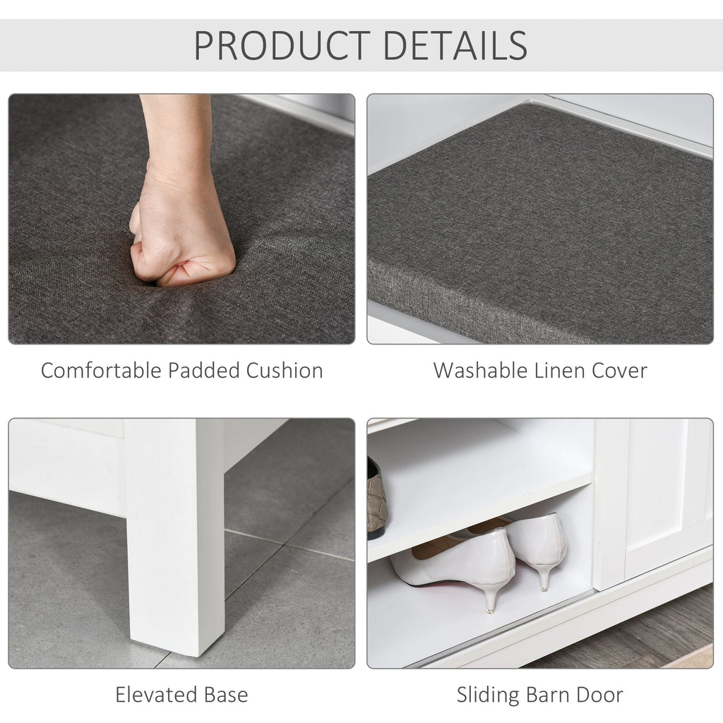 HOMCOM Entryway Shoe Storage Bench Ottoman Adjustable Shelf Padded Cushion Sliding Barn Door White for Hallway Living Room - Comfortable Living Decor