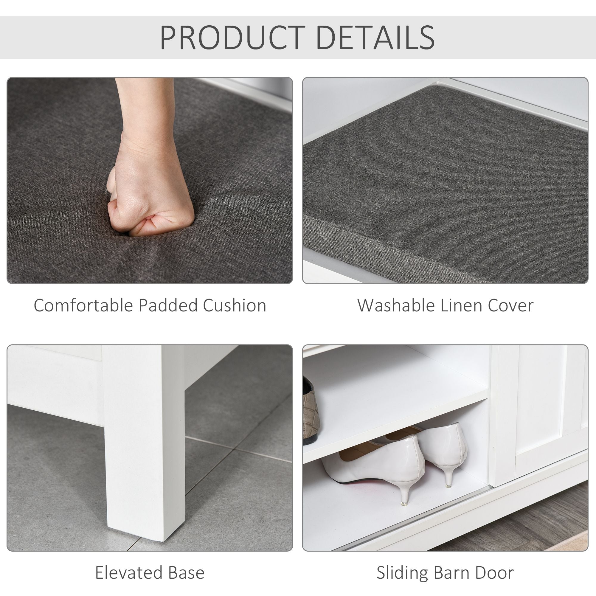 HOMCOM Entryway Shoe Storage Bench Ottoman Adjustable Shelf Padded Cushion Sliding Barn Door White for Hallway Living Room - Comfortable Living Decor