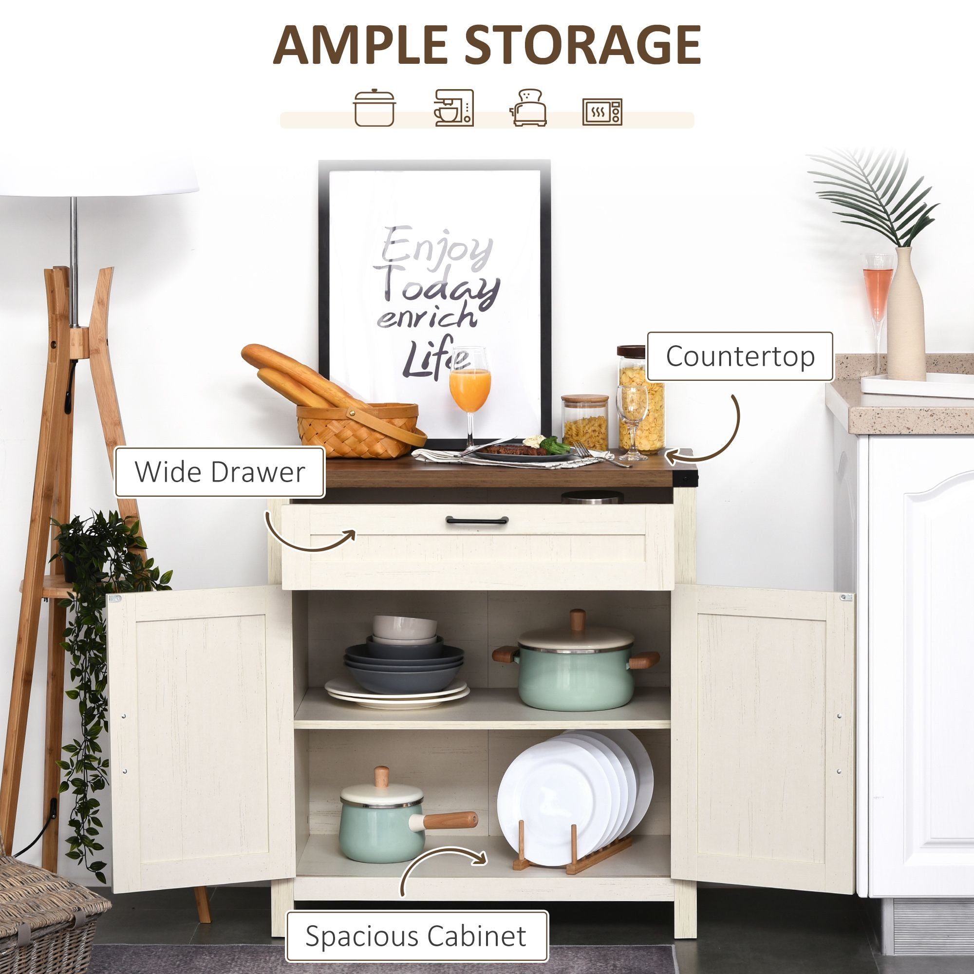 HOMCOM Farmhouse Style White Wooden Sideboard Kitchen Buffet Cabinet with Drawer and Shelf - Comfortable Living Decor