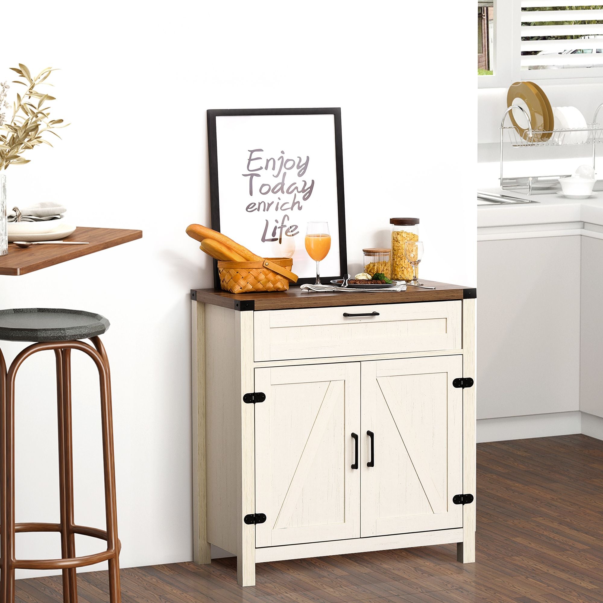 HOMCOM Farmhouse Style White Wooden Sideboard Kitchen Buffet Cabinet with Drawer and Shelf - Comfortable Living Decor