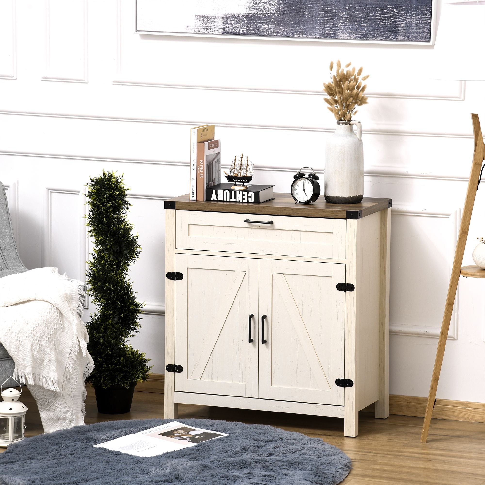 HOMCOM Farmhouse Style White Wooden Sideboard Kitchen Buffet Cabinet with Drawer and Shelf - Comfortable Living Decor