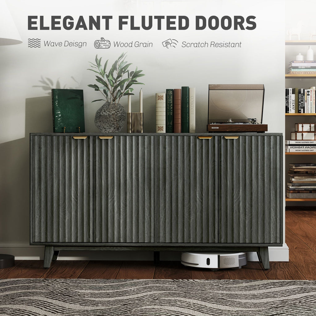 HOMCOM Fluted Sideboard Buffet Cabinet, 55" Coffee Bar Cabinet with 4 Doors, 2 Adjustable Shelves, 5 Wood Legs, Distressed Gray - Comfortable Living Decor