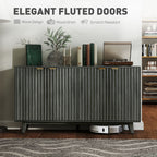 HOMCOM Fluted Sideboard Buffet Cabinet, 55" Coffee Bar Cabinet with 4 Doors, 2 Adjustable Shelves, 5 Wood Legs, Distressed Gray - Comfortable Living Decor