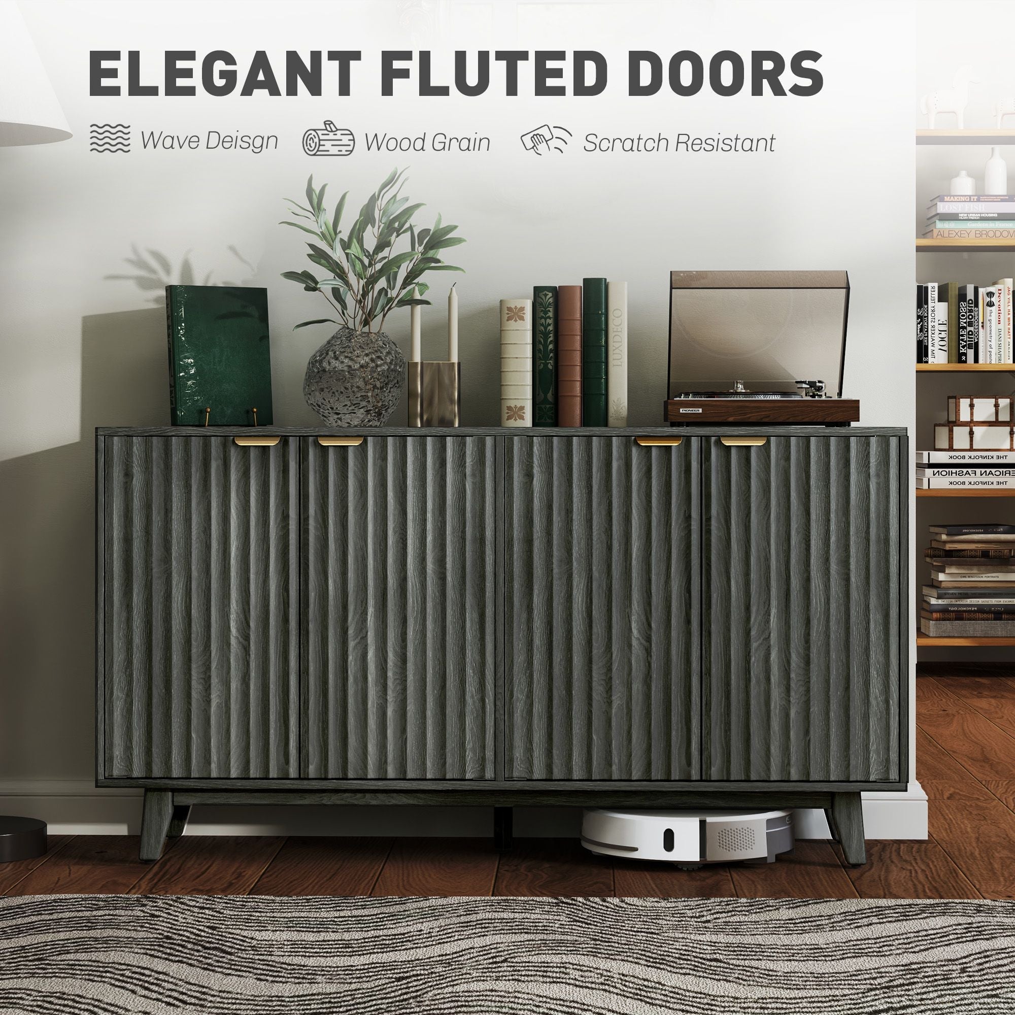 HOMCOM Fluted Sideboard Buffet Cabinet, 55" Coffee Bar Cabinet with 4 Doors, 2 Adjustable Shelves, 5 Wood Legs, Distressed Gray - Comfortable Living Decor