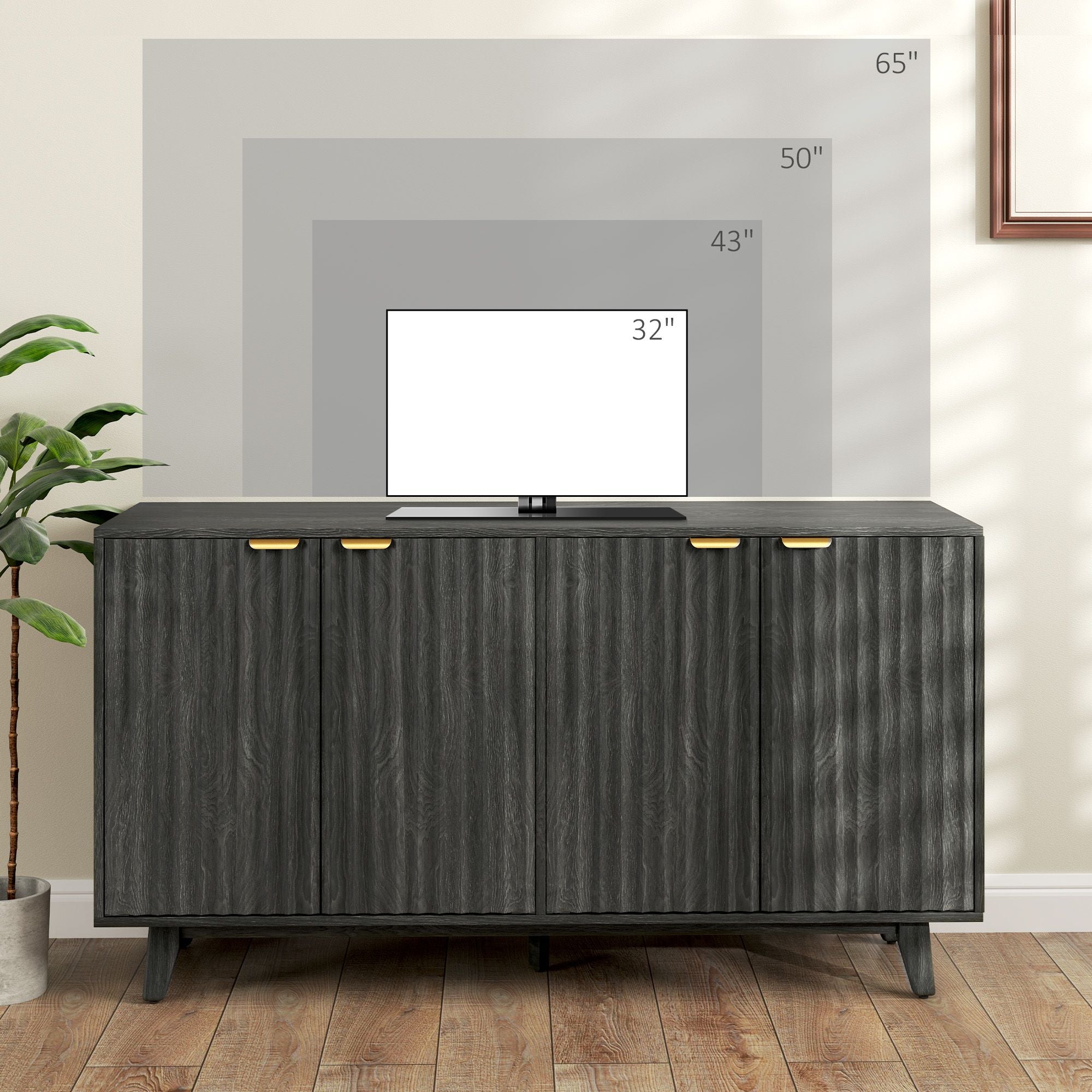HOMCOM Fluted Sideboard Buffet Cabinet, 55" Coffee Bar Cabinet with 4 Doors, 2 Adjustable Shelves, 5 Wood Legs, Distressed Gray - Comfortable Living Decor