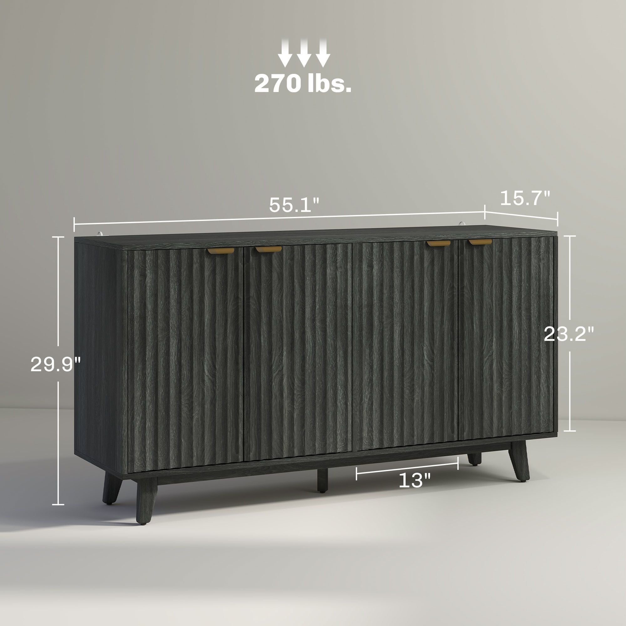 HOMCOM Fluted Sideboard Buffet Cabinet, 55" Coffee Bar Cabinet with 4 Doors, 2 Adjustable Shelves, 5 Wood Legs, Distressed Gray - Comfortable Living Decor