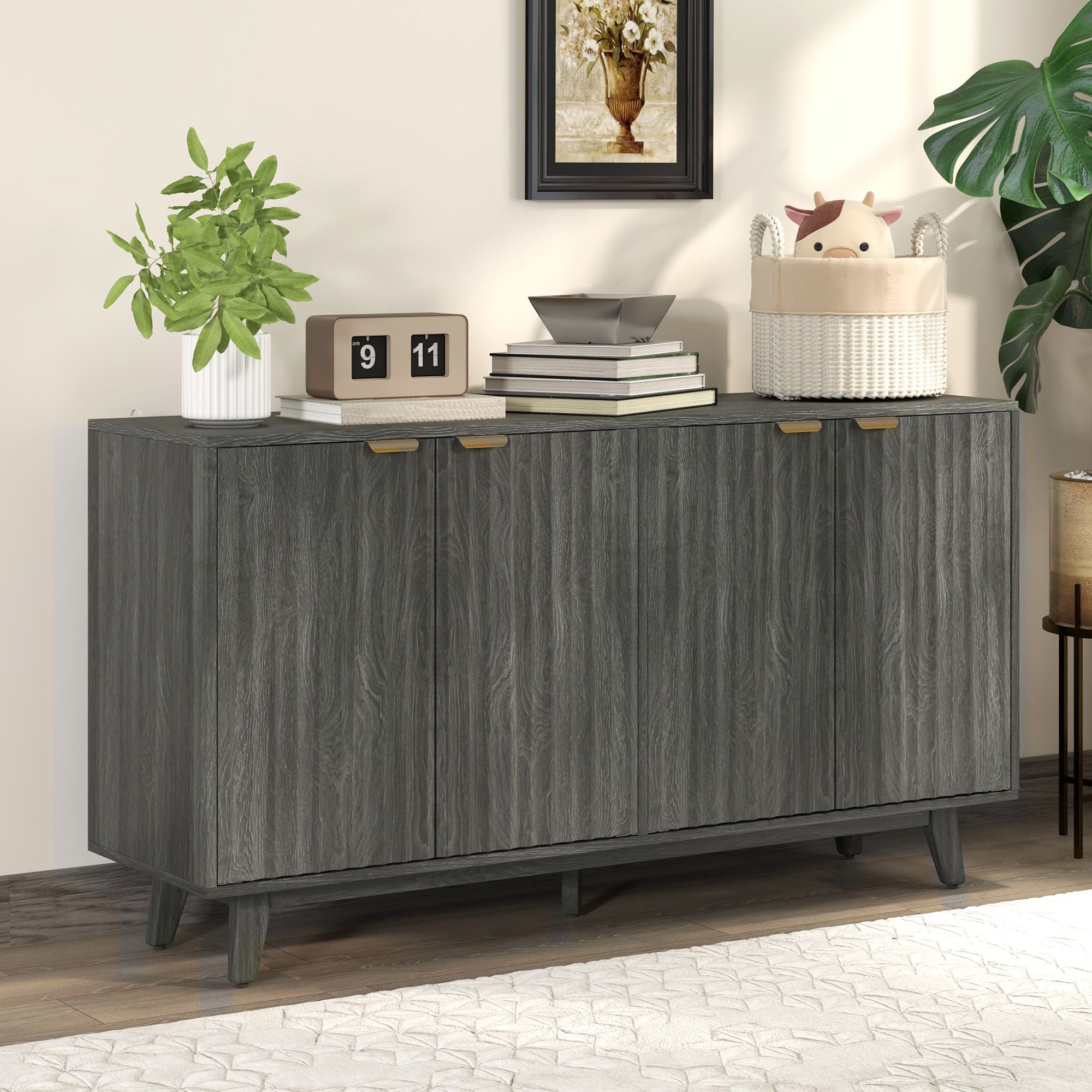 HOMCOM Fluted Sideboard Buffet Cabinet, 55" Coffee Bar Cabinet with 4 Doors, 2 Adjustable Shelves, 5 Wood Legs, Distressed Gray - Comfortable Living Decor